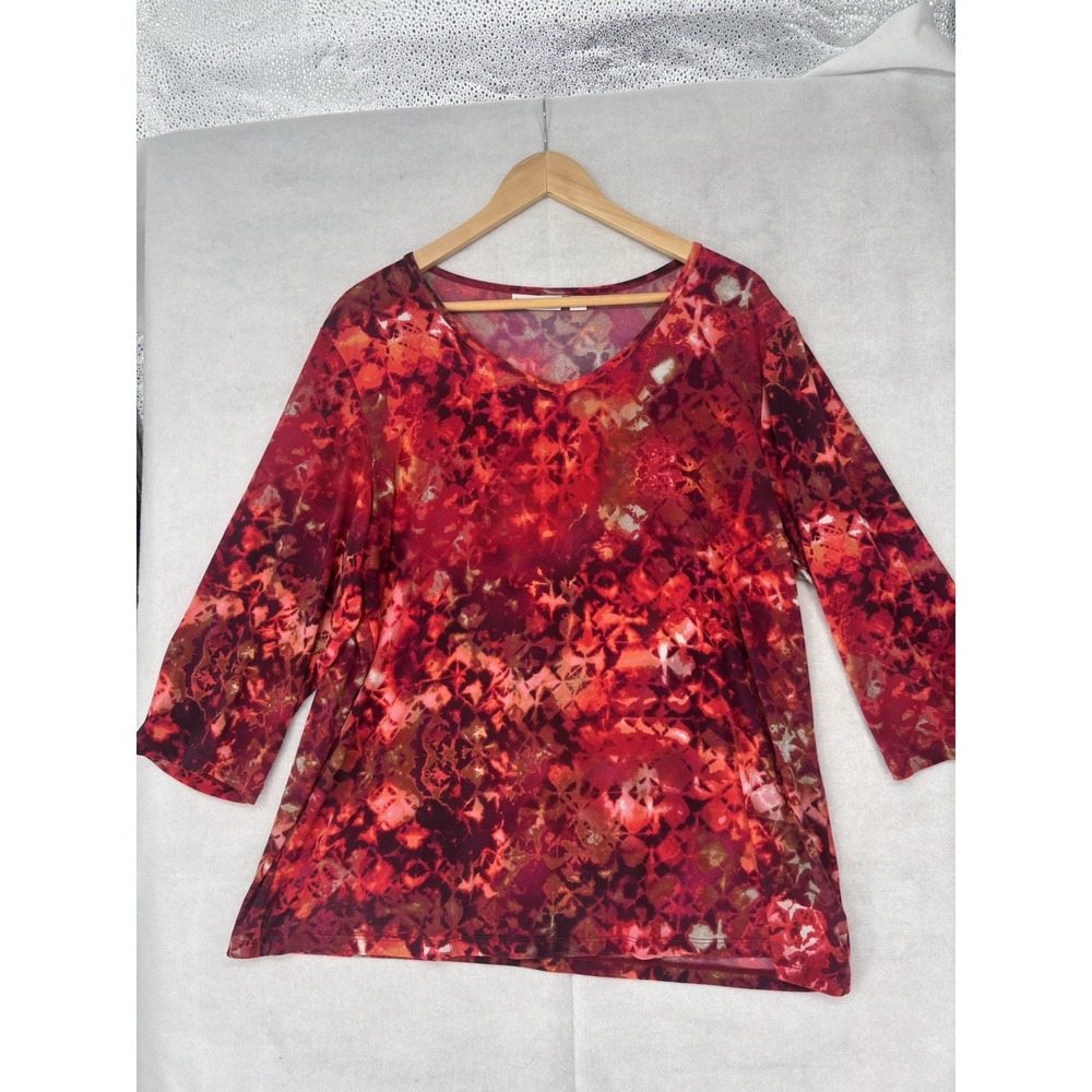 Susan Graver Top Women's XL V-Neck Red Floral Knit Pullover Stretch 3/4 Sleeve
